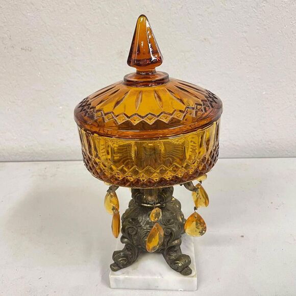 VTG Amber Glass Hollywood Regency Candy Dish Marble Base 12” Brass Footed Jewels